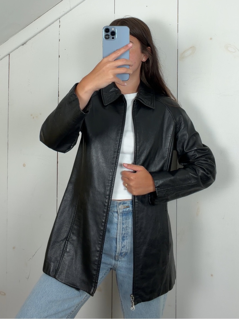 Danier Black Leather Long Zip Jacket